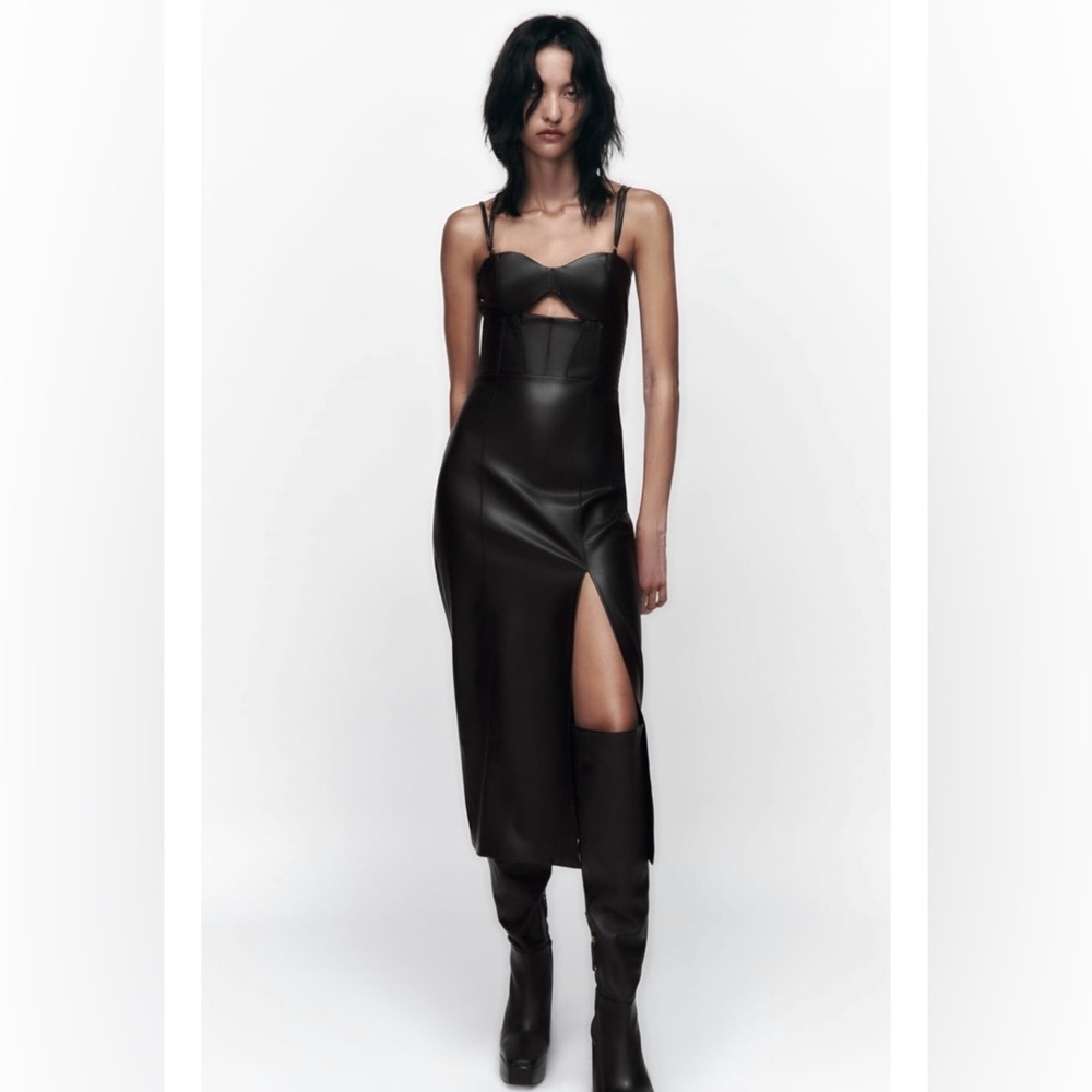 Zara Bloggers Fav Topstitched Faux Leather Midi Slit Christmas CutOut Dress Sz M - Picture 4 of 17